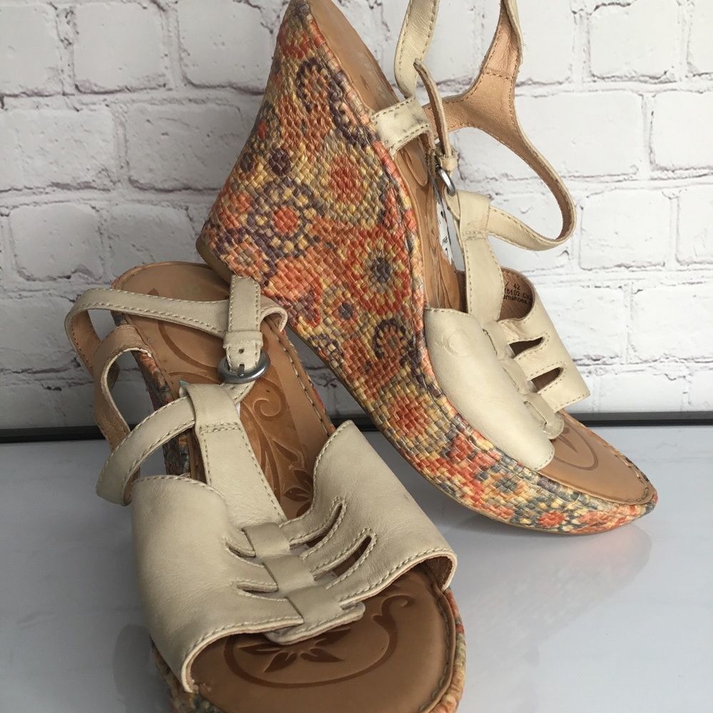 NWD‎ Born Womens Size 10 Floral Orange Braided Slingback Boho High Wedge Sandals